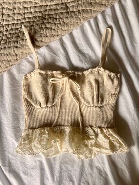 Zara Cream Ribbed Knit Crop Top with Crotchet Tie and Lace Trim